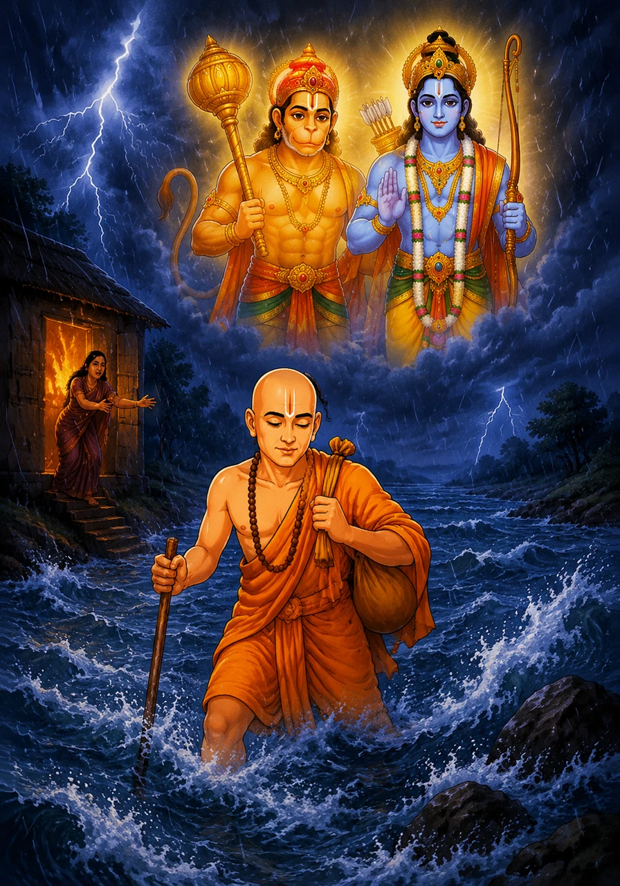 On a night of crashing thunder and torrential rain, a profound realization shatters the chains of earthly attachment. Tulsidas crosses a raging river, leaving behind his former life and worldly desires to surrender completely to the divine calling that pulls at his soul.