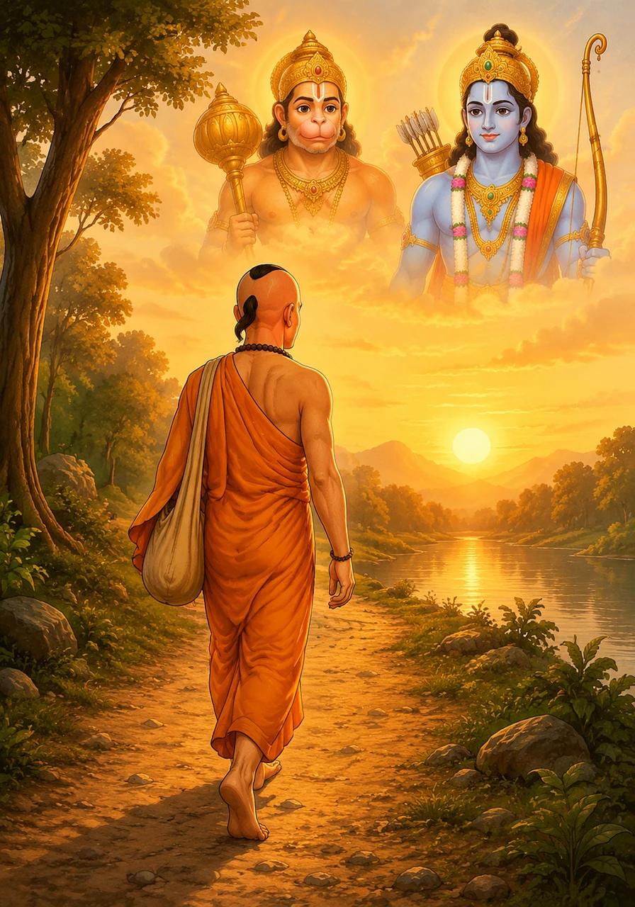 Draped in simple saffron robes, Tulsidas walks alone toward the rising sun, his face etched with a peace that surpasses human understanding. He has become a wanderer of the spirit, his footsteps marking a path of total renunciation as he seeks the one true master of his heart.