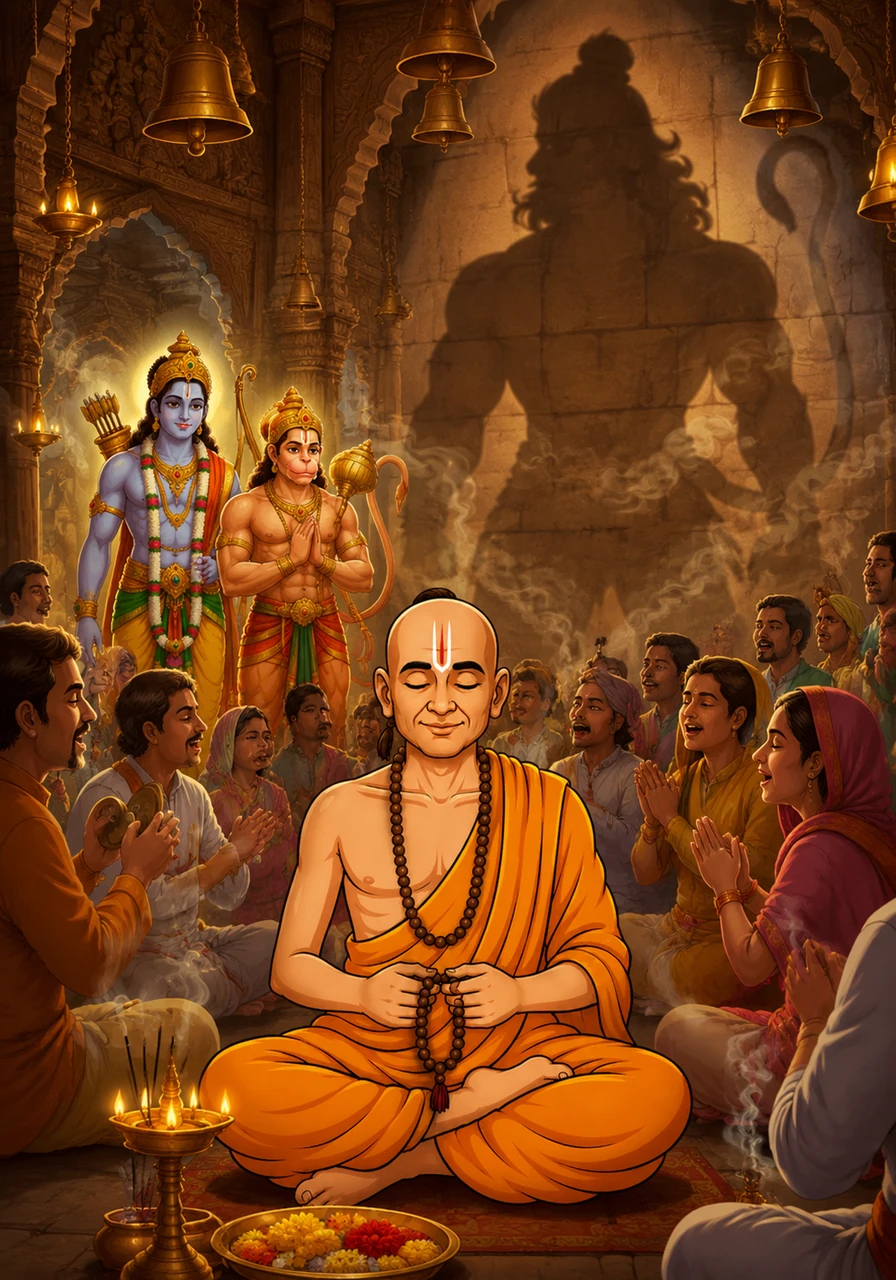 While chanting the holy name in a crowded temple, Tulsidas feels a presence that is both immense and hidden. In the swirling incense smoke and the ring of temple bells, a massive, muscular shadow looms against the stone walls—a silent protector watching over the faithful devotee.