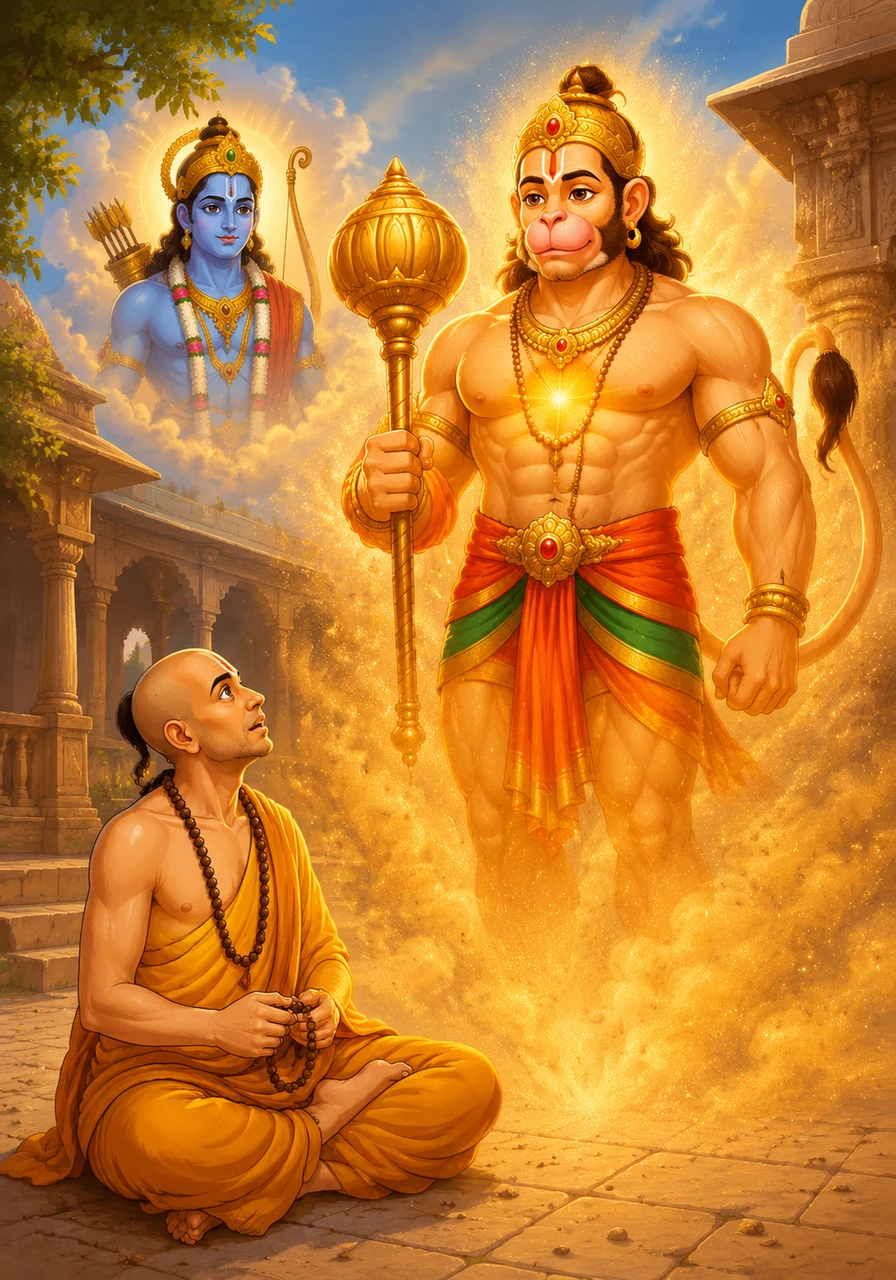 The air grows thick with spiritual energy as a majestic figure slowly emerges from the golden dust of the temple courtyard. Tulsidas gazes up in awe at the calm, divine face of Lord Hanuman, whose very presence radiates a strength that could move mountains and a devotion that knows no bounds.