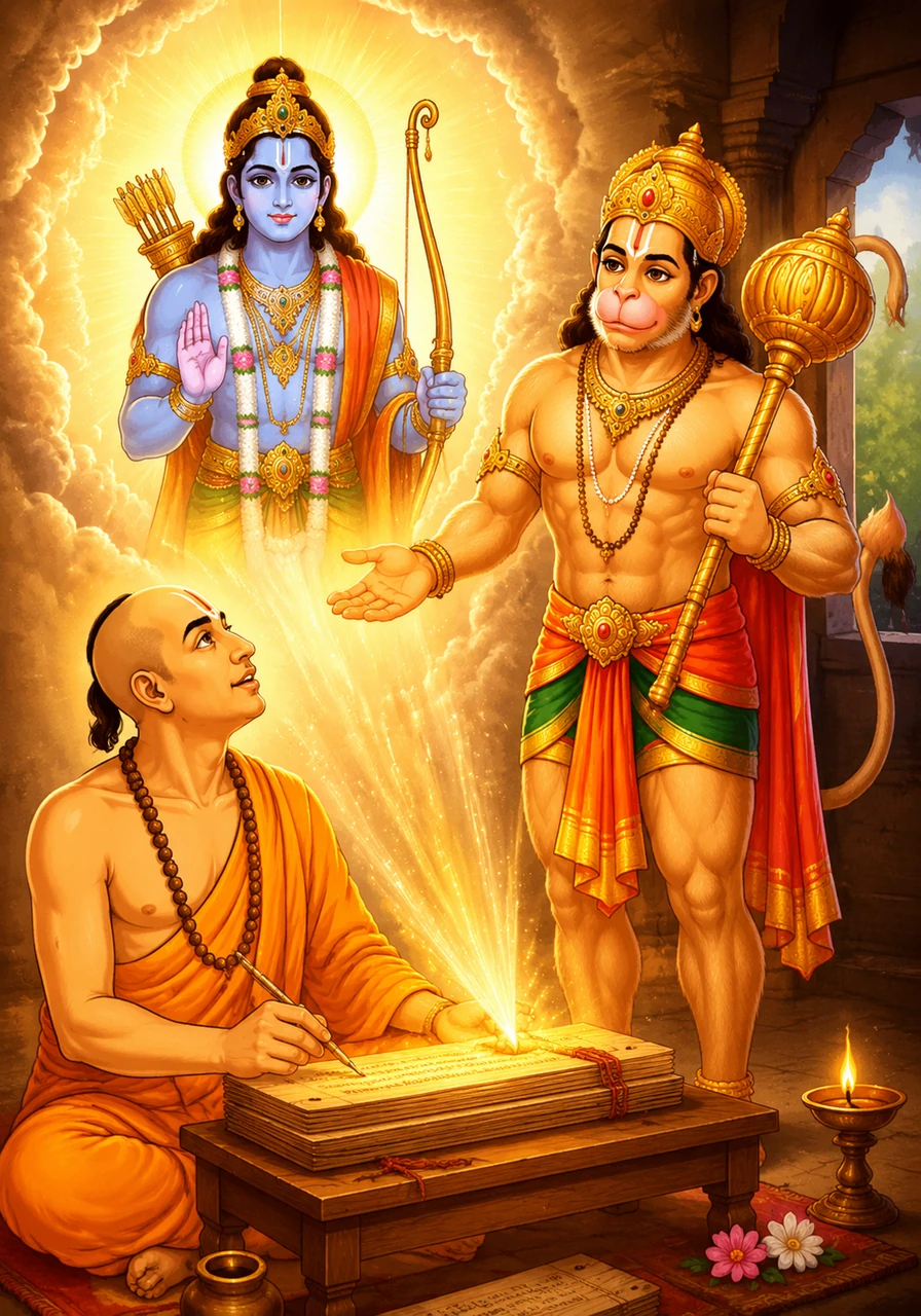 With a gesture of supreme grace, Hanuman grants Tulsidas a celestial vision of Shri Ram, illuminating the sage's inner world with a blinding, holy light. As the vision unfolds, golden ink begins to appear spontaneously on the palm-leaf manuscript before him, as if the heavens themselves are writing through his hands.