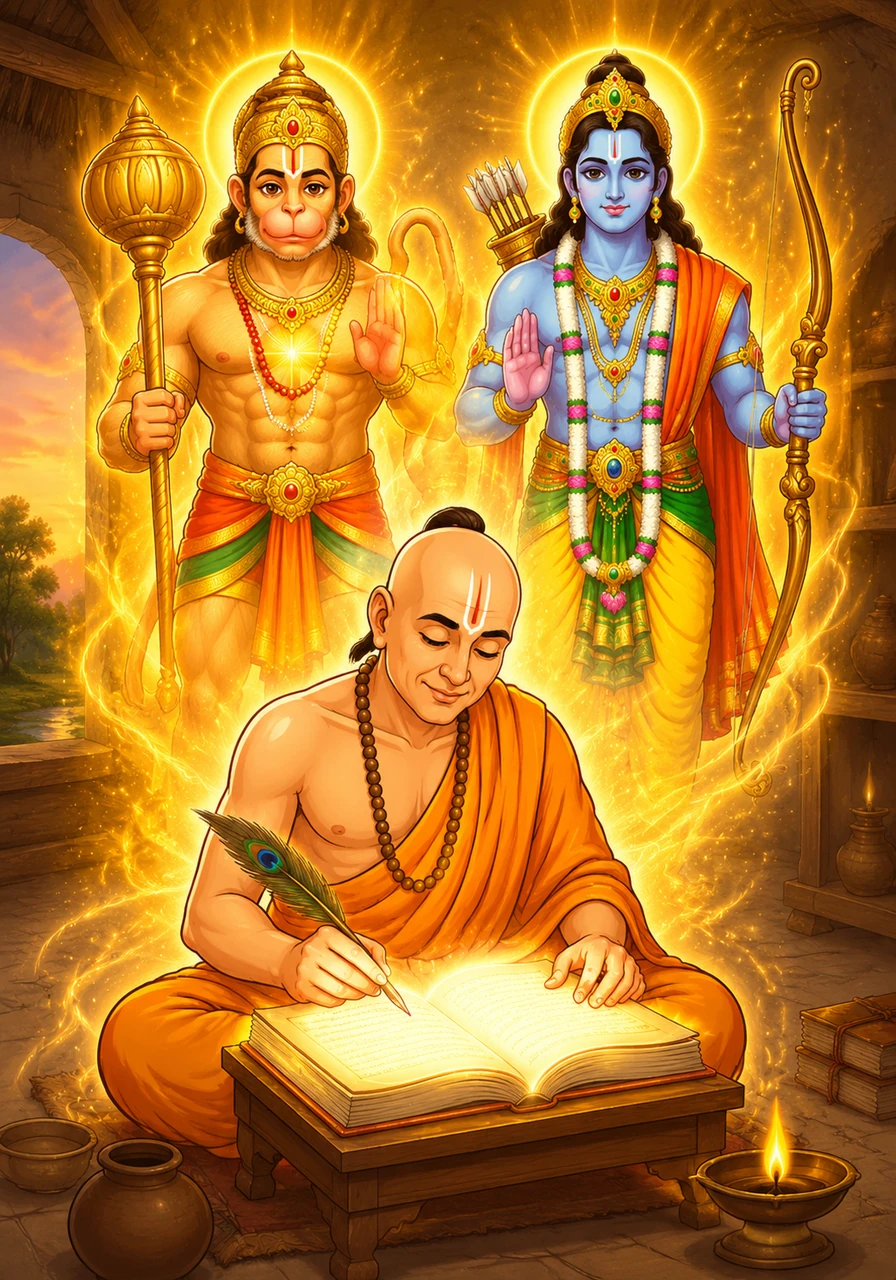 Surrounded by an aura of divine energy, Tulsidas completes the final verses of the Hanuman Chalisa, his heart overflowing with the darshan he has witnessed. The manuscript glows with a soft, eternal light, marking the moment a simple prayer became a cosmic hymn that would echo through the ages.