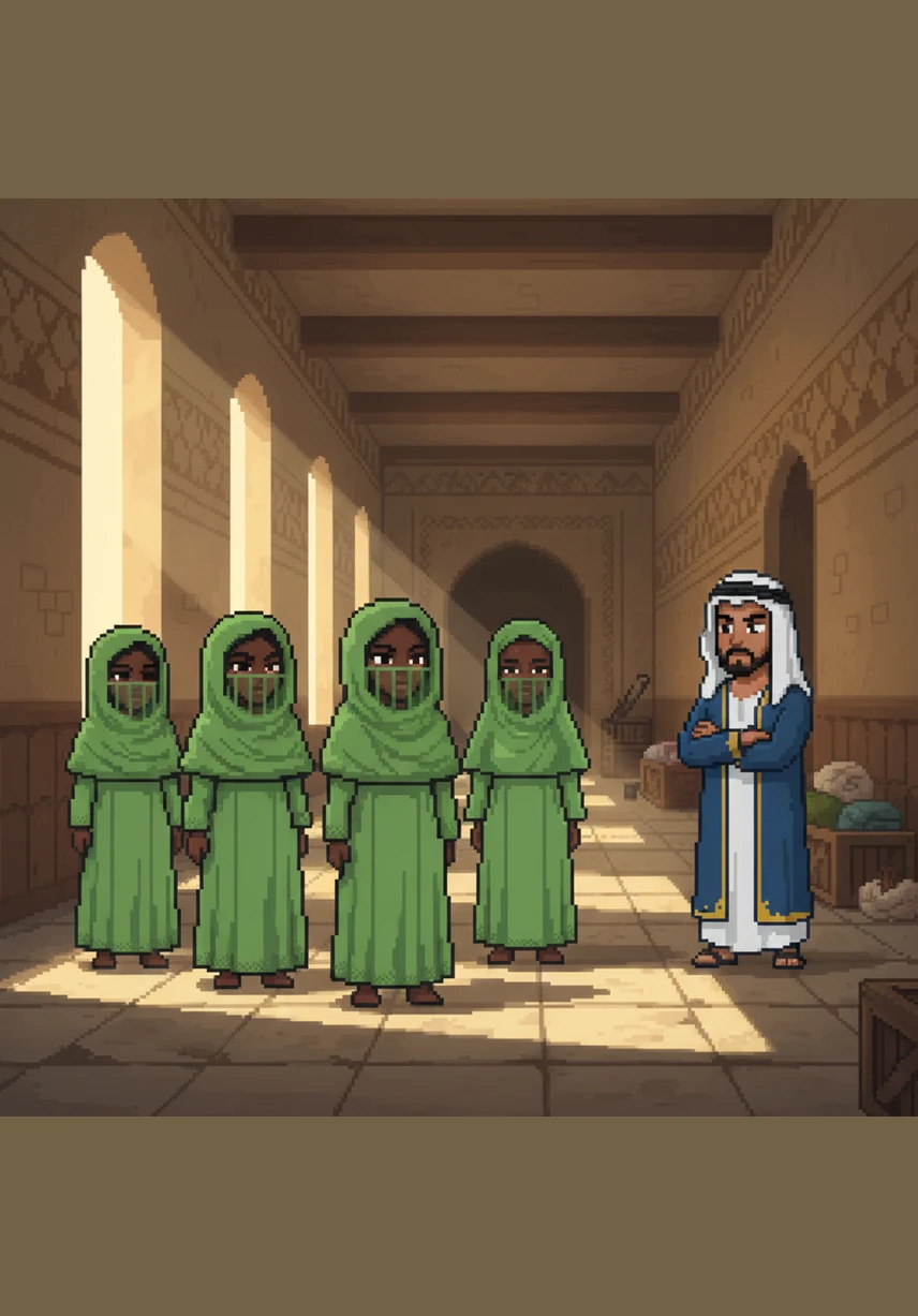 In the desert palace, Amara and her countrywomen were forced into uniform green robes, their hair cut and their faces veiled to erase their individuality. They became shadows in a world that saw them only as labor, yet Amara’s eyes remained sharp and observant behind the thin fabric of her veil.
