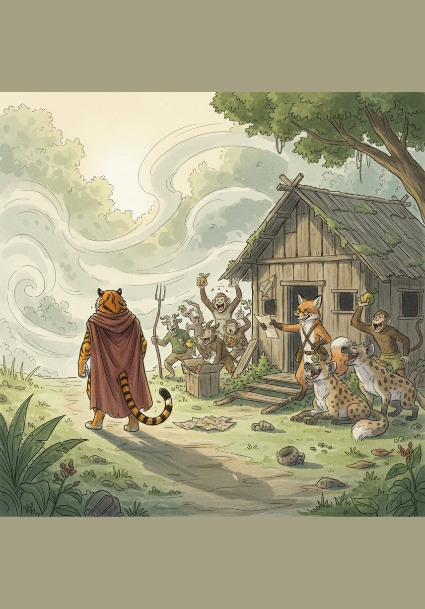 Swayed by the promise of easy riches, the goats and monkeys used a series of tricks and loud protests to force Elara out of her home. Heartbroken and betrayed by those she had protected for so long, the noble tigress disappeared into the morning mist, leaving the jungle behind.