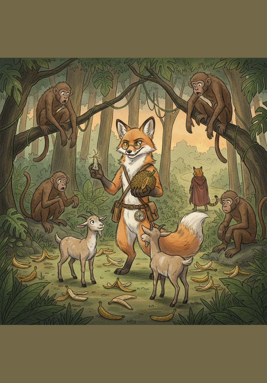 With Elara gone, Silas the fox fulfilled his promise in his own cruel way, revealing the true nature of his bargain. From a single jackfruit, he pulled out two tiny, dry fibers to give to the goats, and to the monkeys, he threw nothing but empty, bitter banana peels.