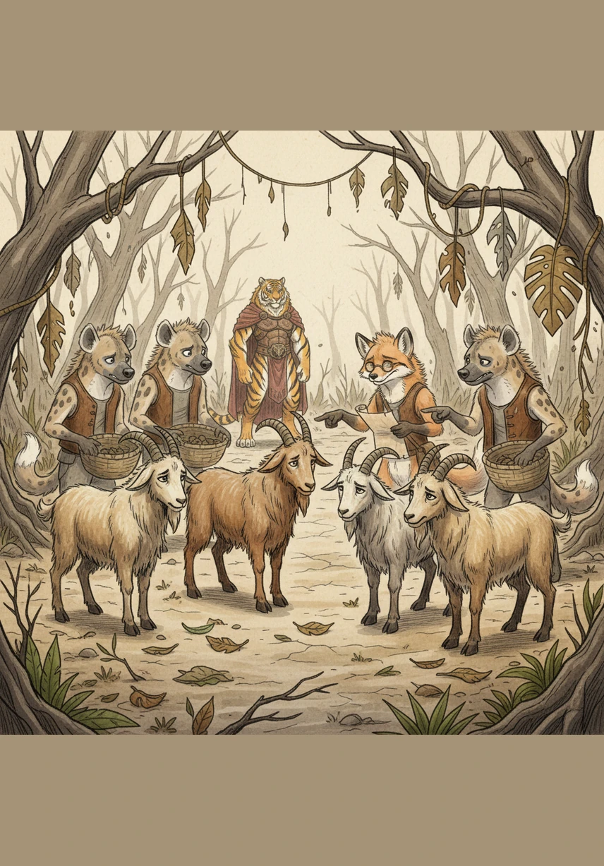 The jungle quickly began to wither without its protector, and the animals realized they had lost everything they once held dear. The goats stood in the clearing, staring at their meager scraps, finally understanding that they had been made fools of by the fox’s clever words.