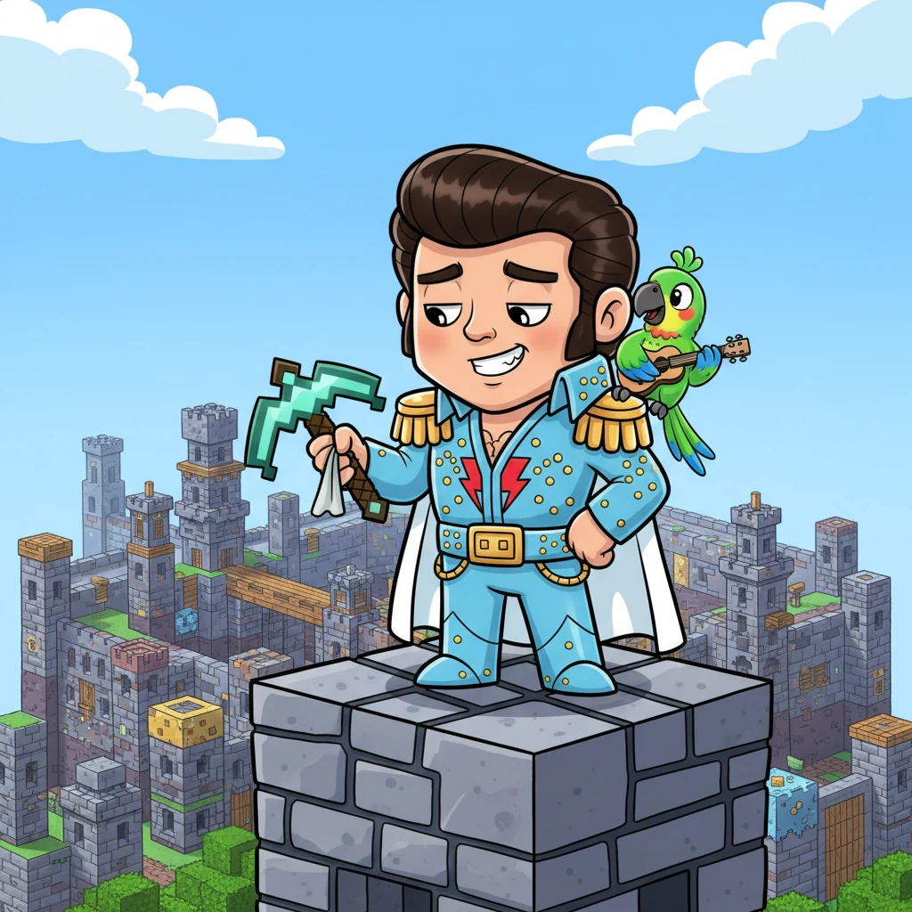 Axel Stone, a legendary explorer with a mischievous grin, surveyed his sprawling, blocky fortress from a towering observation deck. His pet parrot, Squawk, perched on his shoulder, mimicking a guitar riff as Axel polished his gleaming diamond pickaxe, a hint of boredom in his expressive eyes.