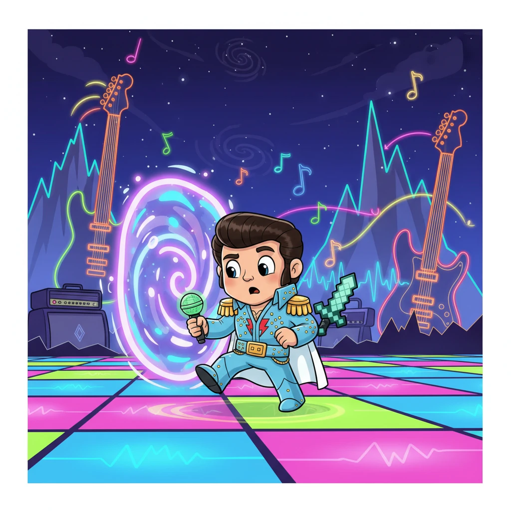 Stepping through the portal, Axel found himself in a bizarre, neon-lit dimension where the very ground pulsed with rhythm and strange, guitar-shaped mountains pierced the sky. This was the 'Groove-lands,' a realm unlike any he'd seen, where music powered everything.