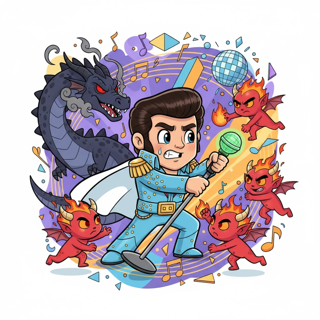 Amidst a chaotic skirmish against fiery imps, Axel spotted a figure unlike any other: a tall, charismatic hero with a pompadour, sparkling jumpsuit, and a microphone stand that doubled as a mighty weapon. It was 'The King,' the legendary guardian of the Groove-lands, fighting valiantly but clearly overwhelmed by a new, terrifying dragon.