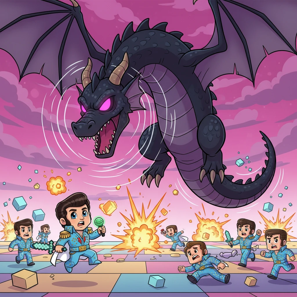 A colossal, obsidian-scaled dragon, unlike any Ender Dragon Axel had ever encountered, descended from the sky, its eyes glowing with malevolent, magenta fire. This 'Dragon King of Rock' let out a deafening roar that shook the very foundations of the Groove-lands, scattering citizens and causing pixelated explosions.