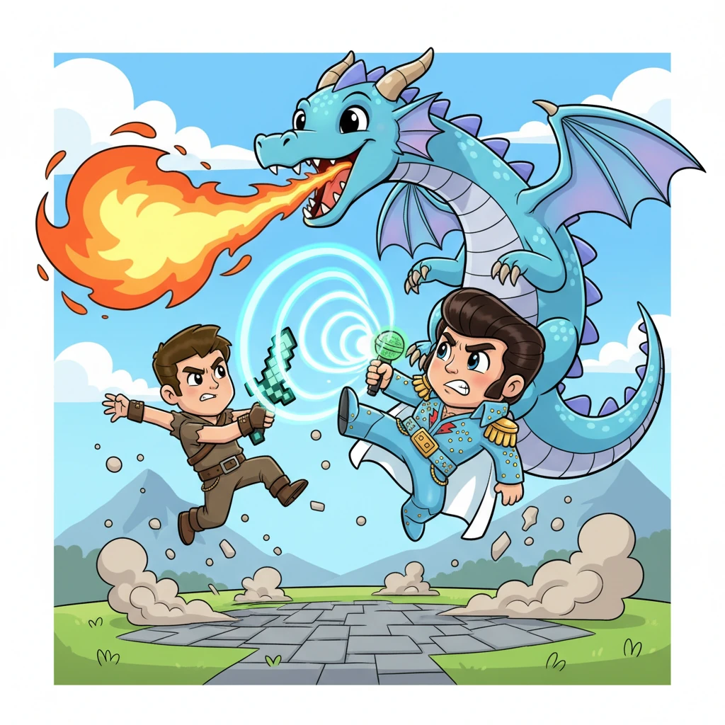 The battle raged with explosive energy. Axel dodged fiery breath and swiped at the dragon's armored scales, while The King performed gravity-defying leaps and delivered thunderous sonic waves from his microphone, forcing the beast to stumble. They fought with synchronized flair, a true duet of destruction.