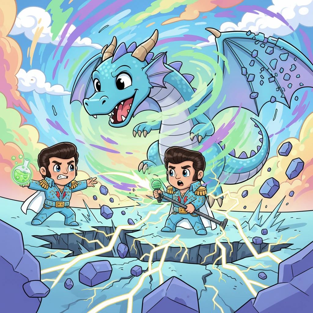 With a final, coordinated effort, Axel hurled an enchanted potion that temporarily stunned the monstrous dragon, allowing The King to deliver a devastating, ground-shaking 'Power Chord' strike with his mic stand, sending the colossal beast crashing down in a spectacular, pixelated explosion of light and sound.