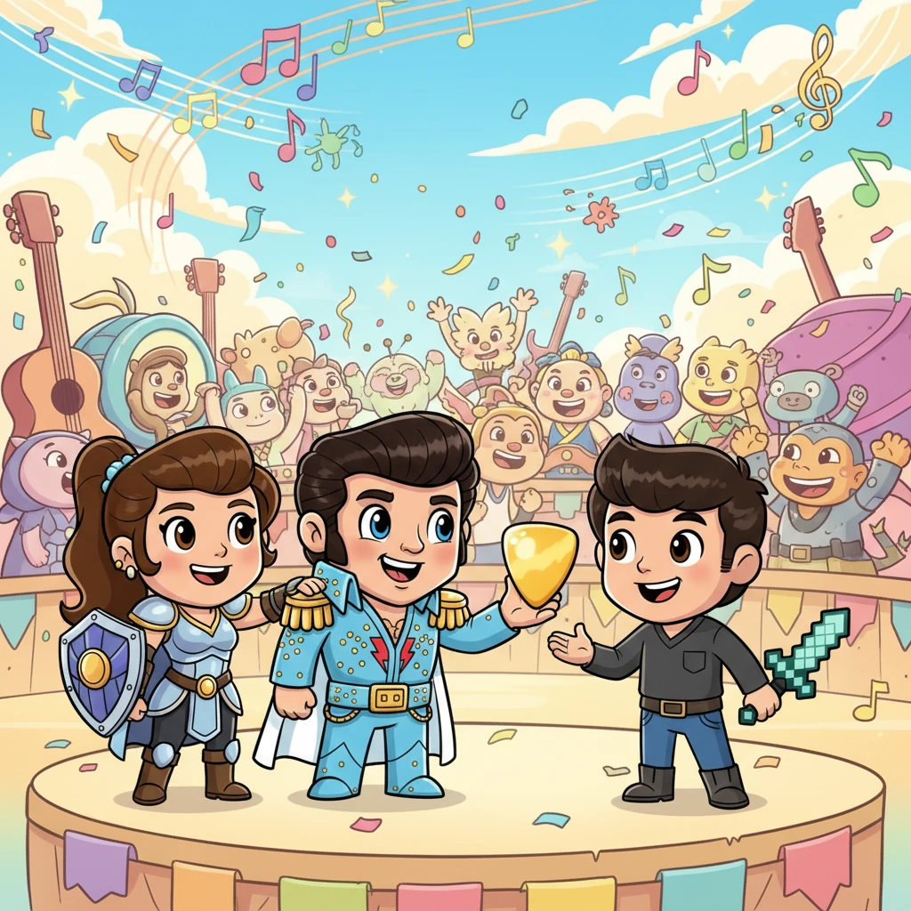 Victorious, Axel and The King stood side-by-side as the Groove-lands cheered, their vibrant world saved. The King, ever the showman, presented Axel with a legendary 'Golden Guitar Pick' as a token of gratitude, promising many more adventures and perhaps a future jam session.