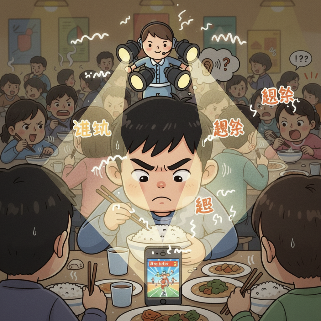 一个拟人化的“注意力机制”闪亮登场，它像一个舞台追光灯操作员。它手持多个探照灯，扫射着来自手机视频的声波信号。重要的词汇，例如“进球”和“绝杀”，被照得格外明亮，而周围的噪音则黯淡无光。