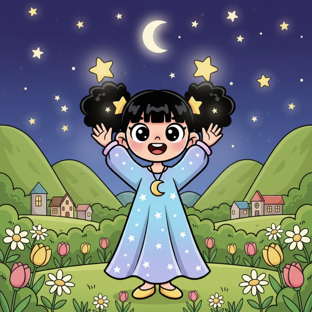 ليلى تقف في حديقة خضراء مزهرة، ترفع يديها الصغيرتين نحو سماء الليل المرصعة بالنجوم اللامعة. عيناها الواسعتان تلمعان بالإعجاب، بينما تتخيل نفسها نجمة صغيرة بينها، تضيء الطريق للناس بابتسامة عريضة. الجبال الخضراء تحيط بالقرية الهادئة في الخلفية، مضاءة بضوء القمر الخفيف.