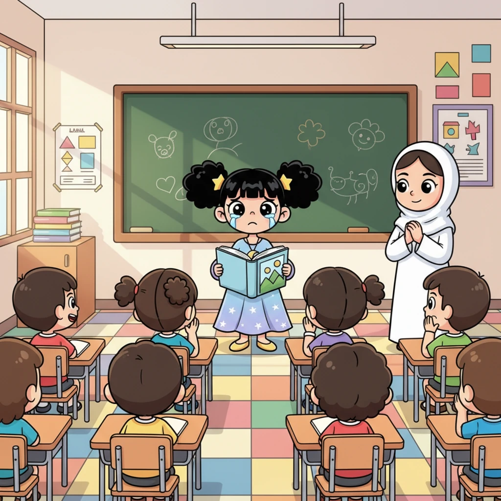 في فصل دراسي مشرق وملون، تقف ليلى الصغيرة أمام السبورة وتتعثر في قراءة كتاب مفتوح، مع تعابير حيرة على وجهها. بعض الأطفال الآخرين في المقاعد يضحكون بخفة، بينما تظهر الدموع في عيني ليلى، وهي تشعر بالخجل والحزن. المعلمة تنظر بتعاطف من جانبها.