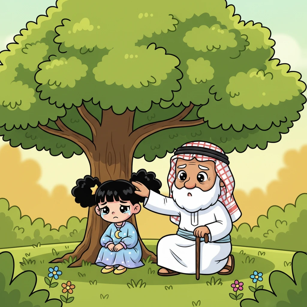 تجلس ليلى حزينة تحت شجرة تين ضخمة مورقة في حديقة دافئة، وكتفاها متدليان. جدها الحكيم يجلس بجانبها، يده الكبيرة تربت بلطف على رأسها الصغير، ووجهه يملؤه الحنان والاهتمام. أوراق التين الخضراء تظلل المشهد بألوان زاهية.