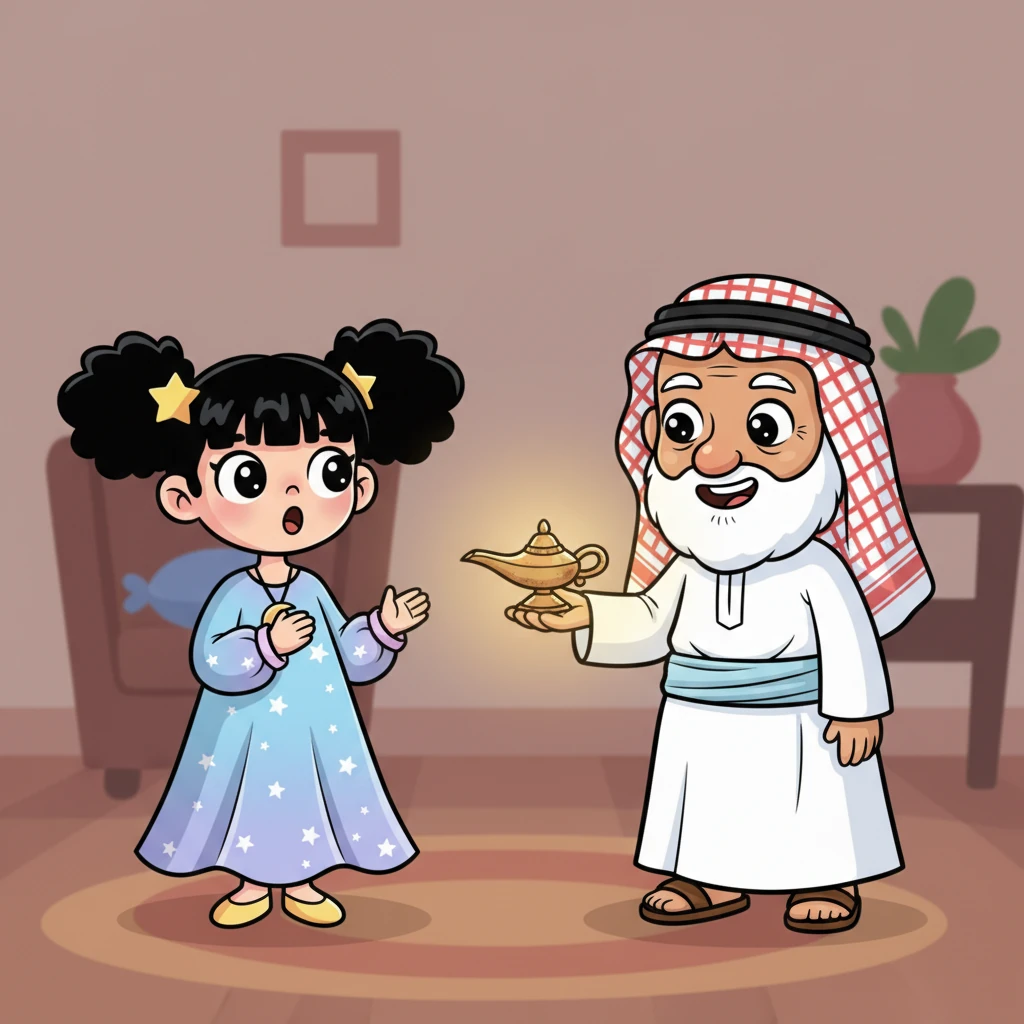 الجد يبتسم بحكمة وهو يقدم لليلى مصباحًا قديمًا وصغيرًا يتوهج بلطف، يده تمتد بحركة دافئة. ليلى تنظر إلى المصباح بعينين واسعتين، تظهر عليها علامات المفاجأة والأمل. الألوان الدافئة للمصباح تخلق جوًا من الأمان.