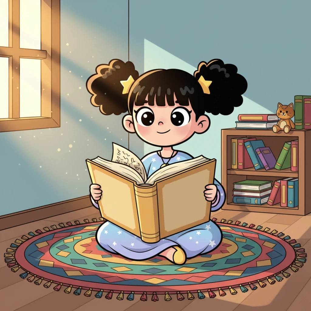 ليلى تجلس على سجادة ملونة في غرفتها، عيناها تلمعان بتصميم جديد، وهي تمسك كتابًا كبيرًا وتحاول القراءة. تظهر عليها علامات التركيز الجاد، حتى لو كانت تخطئ أحيانًا، لكن ابتسامة صغيرة من الإصرار ترتسم على وجهها. أشعة الشمس الدافئة تدخل من النافذة، تضيء الغرفة بلطف.