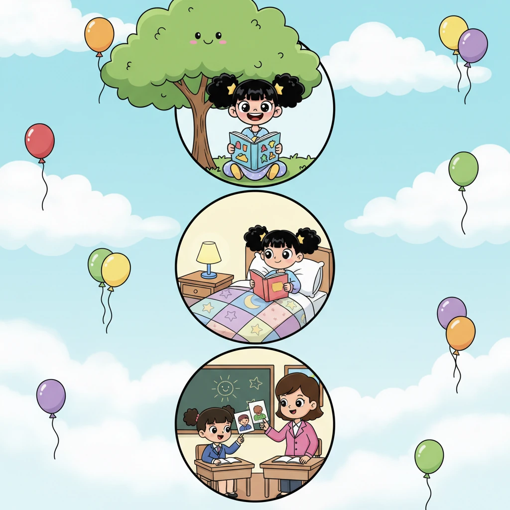 تمر الأيام في تتابع سريع، يظهر في سلسلة من اللوحات الصغيرة التي تظهر ليلى وهي تقرأ في أماكن مختلفة: تحت الشجرة، في سريرها، وفي الصف. وجهها يزداد ثقة، وحركاتها أكثر انسيابية، مما يظهر تقدمها الملحوظ في القراءة. بالونات ملونة تطفو في الخلفية لتضيف لمسة مرحة.