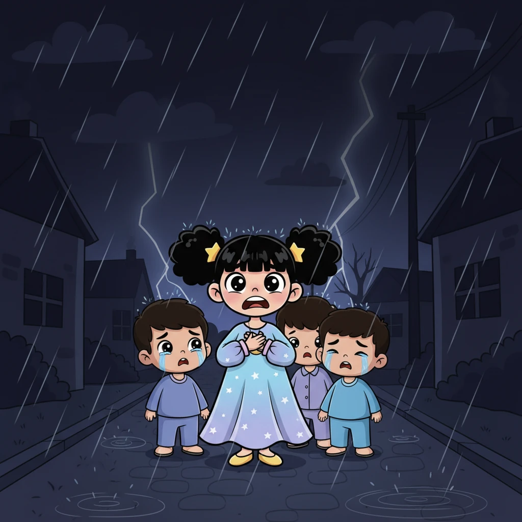 ليلى وأطفال آخرون يقفون في الشارع المظلم تمامًا، حيث انقطعت الكهرباء عن القرية في ليلة ممطرة. قطرات المطر الكبيرة تتساقط، وتظهر تعابير الخوف والدهشة على وجوه الأطفال الصغار الذين بدأوا في البكاء. الظلام يلف كل شيء، مع ومضات خفيفة من البرق في الأفق البعيد.