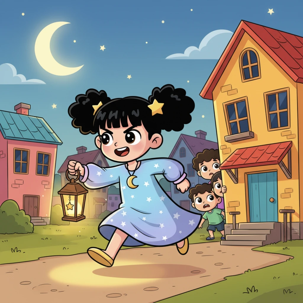 ليلى تركض بسرعة إلى منزلها الملون، تظهر عليها علامات العزيمة والإصرار. تعود وهي تحمل المصباح الصغير الذي أعطاها إياه جدها، ضوؤه الدافئ يضيء طريقها. الأطفال الخائفون ينظرون إليها بأمل وهي تجمعهم حولها.