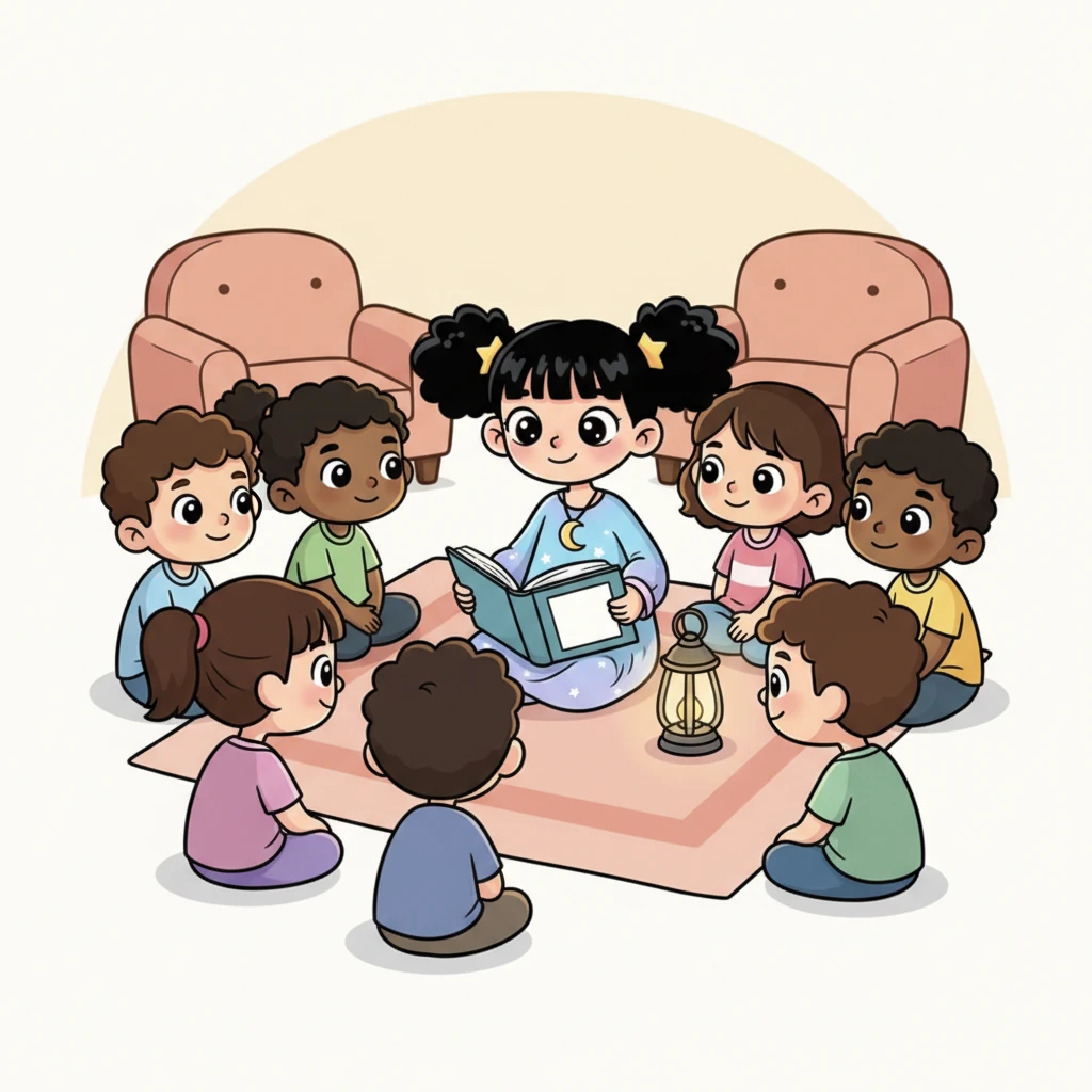 ليلى تجلس في منتصف دائرة من الأطفال الذين توقفوا عن البكاء، وجوههم الصغيرة تضيء بابتسامات خافتة. هي تقرأ لهم قصة بصوت هادئ ومريح، بينما ضوء المصباح الصغير يلقي وهجًا دافئًا على وجوههم المستمعة بانتباه. الأجواء تتحول من الخوف إلى السكينة والفرح.