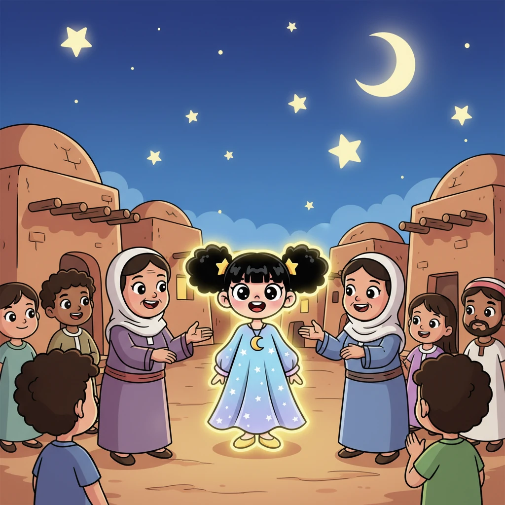 ضوء ساطع يعود إلى القرية، ويضيء وجوه الأطفال السعداء. ليلى تقف بفخر، ابتسامة كبيرة ترتسم على وجهها المشرق، بينما معلمتها تمدحها أمام الجميع. تظهر هالة نور دافئة حول ليلى، ترمز إلى نورها الداخلي الذي لا ينطفئ، والنجوم الساطعة تظهر في السماء الصافية كرمز لأحلامها التي تحققت.