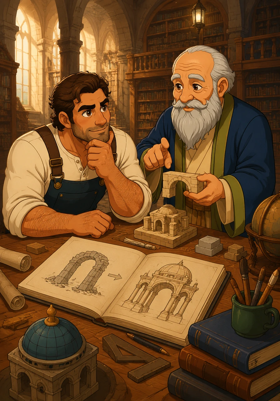 Seeking wisdom, Mateo traveled to the Great Library in the city, where he met an elderly mentor who taught him that failure is merely the foundation of success. Under the mentor's guidance, Mateo learned to combine his creative vision with the structural strength of reality.