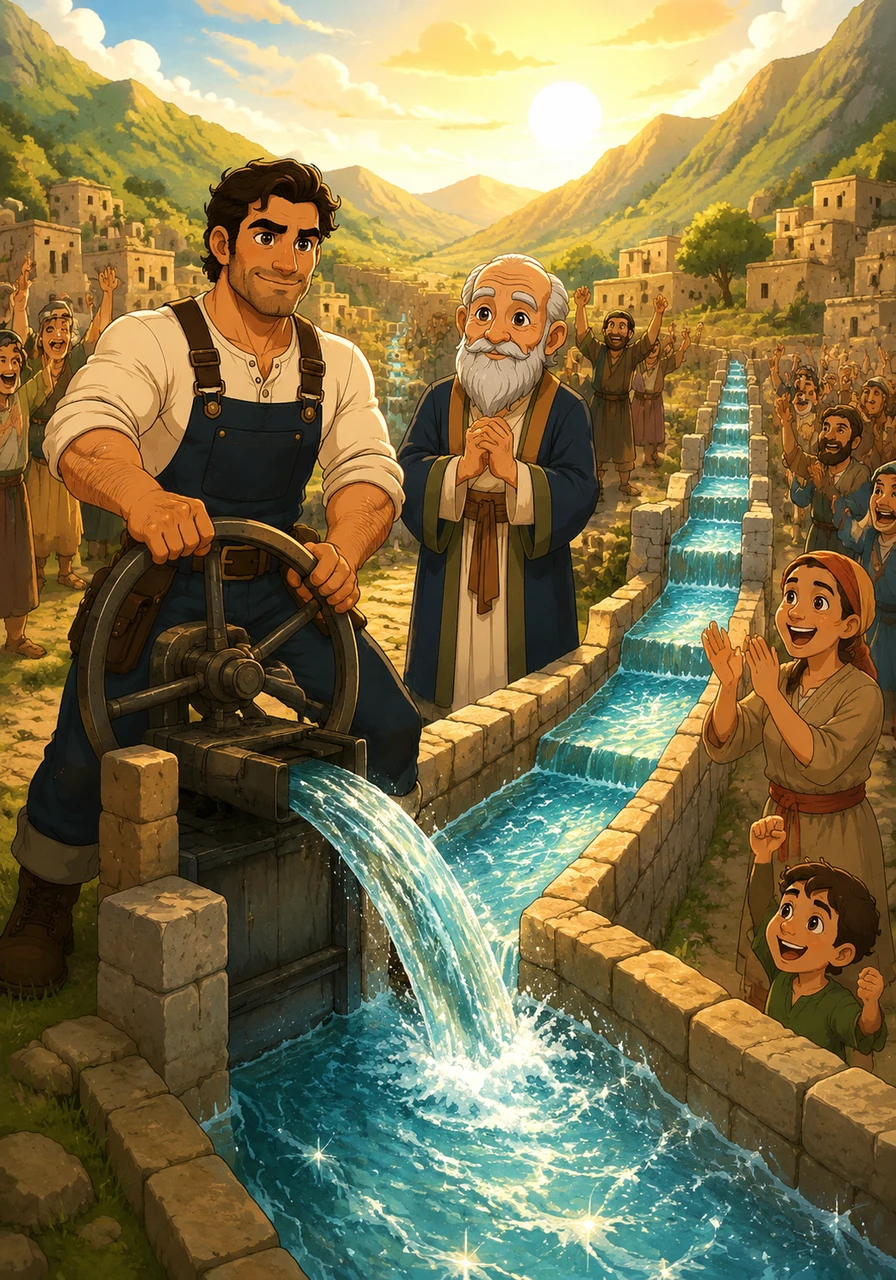 With the turn of a heavy iron wheel, crystal-clear water surged through the stone channels, sparkling under the golden sun. The valley erupted in cheers, and Mateo realized that his dream was no longer just a drawing, but a lifeline for thousands.