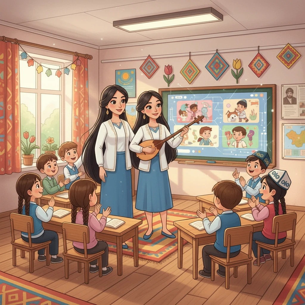 Конкурста Сания өзінің сторибуктар жасау жобасын қорғайды. Айгерім Қаликановнаның ұзын қара шашы оның қасындағы қолдауын көрсетеді. Сания заманауи технологияларды, мысалы, жасанды интеллектті сабақта қолдану арқылы балалардың қызығушылығын арттырады.