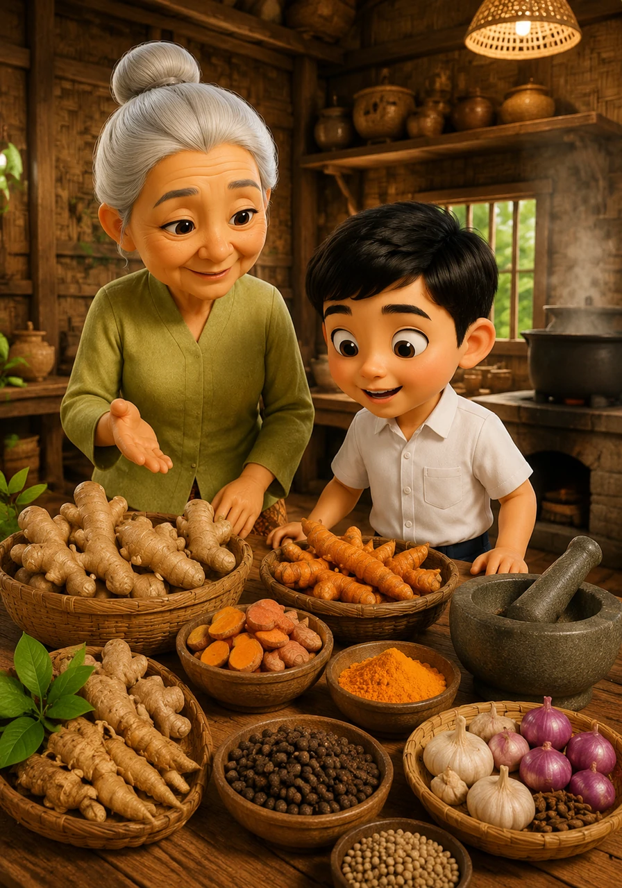 Nenek mengajak Bima ke dapur kayu yang harum, di mana berbagai akar dan rempah-rempah tertata rapi di atas meja. Aroma jahe dan kunyit yang hangat memenuhi ruangan, membuat Bima merasa sangat penasaran.