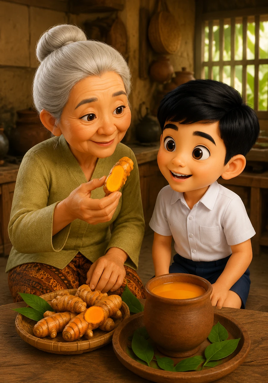 Nenek menjelaskan bahwa kekuatannya berasal dari jamu, minuman kesehatan tradisional yang diwariskan turun-temurun dari kekayaan alam. Ia menunjukkan rimpang kunyit yang berwarna oranye cerah seperti emas tersembunyi.