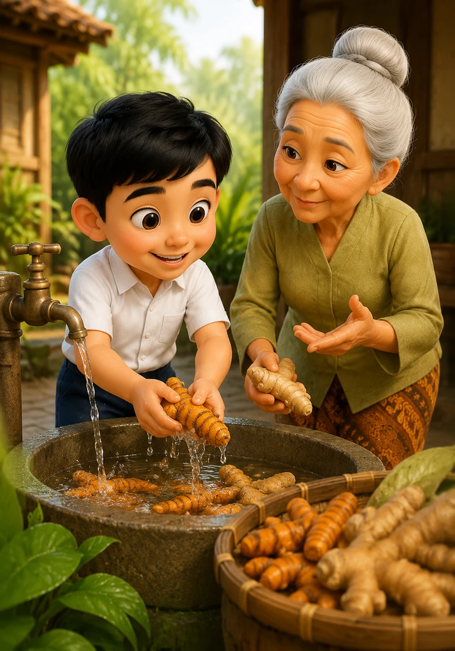 Bima membantu Nenek mencuci kunyit dan jahe di bawah air mengalir, merasakan tekstur kulit akar yang kasar namun penuh manfaat. Nenek bercerita bahwa tanaman ini adalah obat alami yang diberikan oleh bumi untuk manusia.