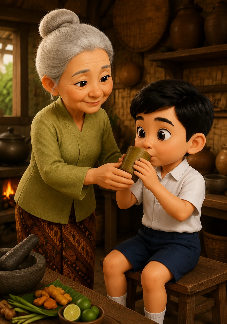 Setelah matang dan disaring, Nenek menuangkan jamu hangat ke dalam gelas bambu kecil untuk dicicipi oleh Bima. Bima mencicipinya perlahan dan terkejut karena rasanya sangat segar, perpaduan antara manis, asam, dan sedikit hangat di tenggorokan.