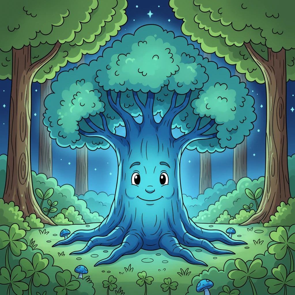 Deep in a vibrant, green forest lived a magnificent tree named Blue. Blue was special because he glowed with a soft, warm blue light. His light spread comfort and chased away any shadows, making the forest feel safe and cozy. Blue was a gentle giant, watching over everything.