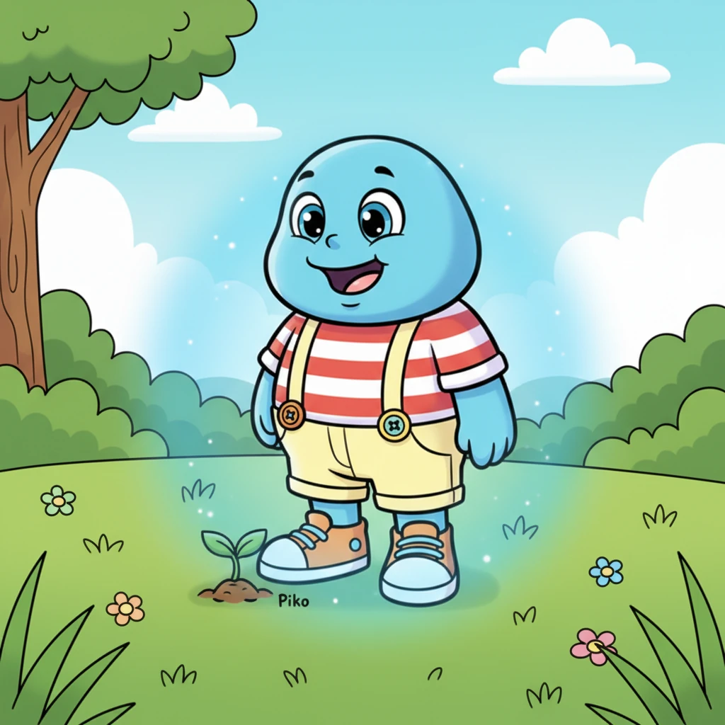 Right at Blue's sturdy base, a tiny green sprout named Piko pushed through the earth. Piko was very small, with just two little leaves reaching for the light. Blue smiled down, a silent promise of protection glowing brighter. Piko felt safe, wrapped in Blue's gentle glow.