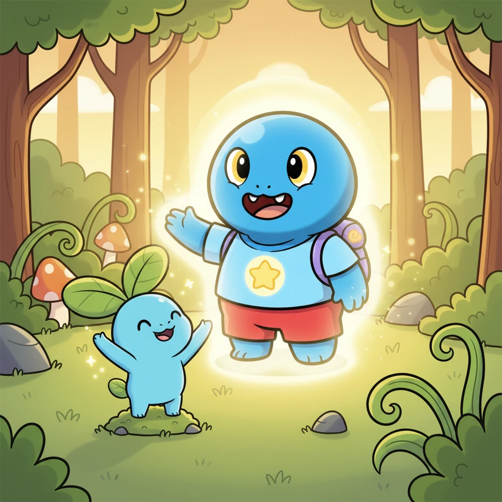 Every morning, Blue's warm light woke the sleepy forest. Little Piko stretched its leaves, feeling Blue's kindness all around. Blue glowed warm and bright, sharing his special light with every leaf and creature. His warmth was like a soft blanket.