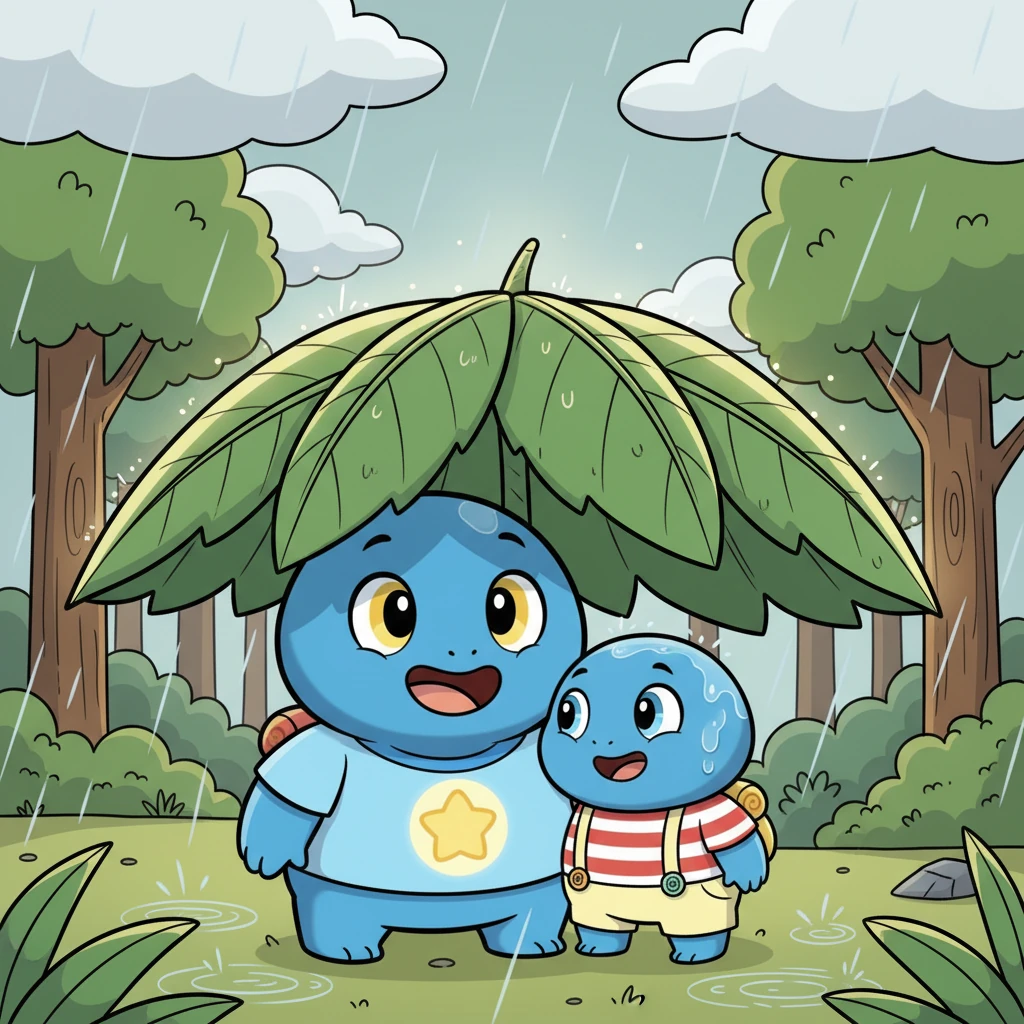 When the big, soft rain clouds came, drops pattered down on the forest. Blue spread his wide, glowing leaves like a giant umbrella. Piko stayed perfectly dry and cozy under Blue's shelter. Blue was strong, Blue was kind, keeping everyone safe from the rain.