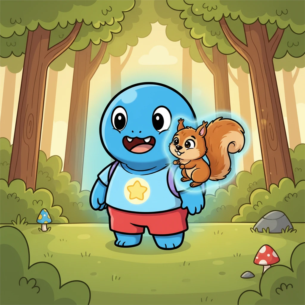 A fluffy little squirrel, curious and quick, scampered close to Blue's trunk. It snuggled into a warm nook, feeling the comforting blue light. Blue offered a warm, safe spot for all his forest friends. Blue was strong, Blue was kind, a friend to all.