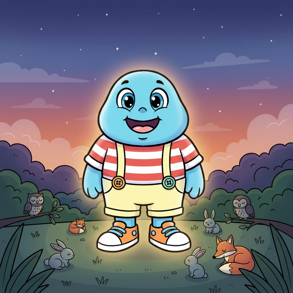 As the sun set and twilight painted the sky, Blue glowed even brighter. He stood tall and watchful, a beacon of comfort in the deepening dusk. All the forest creatures knew Blue was there, a comforting presence. Blue was strong, Blue was kind, guarding their sleep.