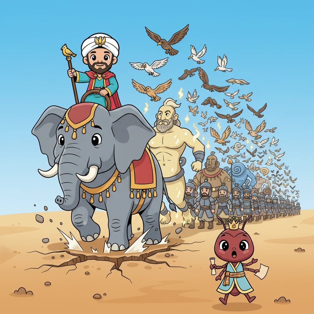 فجأة، بدأت الأرض تهتز! كان النبي سليمان عليه السلام يتقدم بجيشه العظيم، الذي يضم الجن والإنس والطيور، في موكب مهيب يملأ الأفق. كانت قوته وحكمته معروفة في كل مكان.