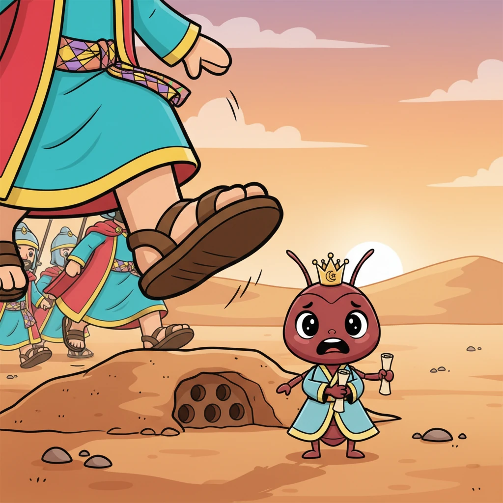 رأت فرفورة المنظر من بعيد، فجمدت في مكانها من الدهشة والخوف. كان الجيش يقترب بسرعة، وكانت أقدامهم الضخمة تهدد بسحق كل شيء في طريقهم، بما في ذلك مستعمرة النمل المسكينة.