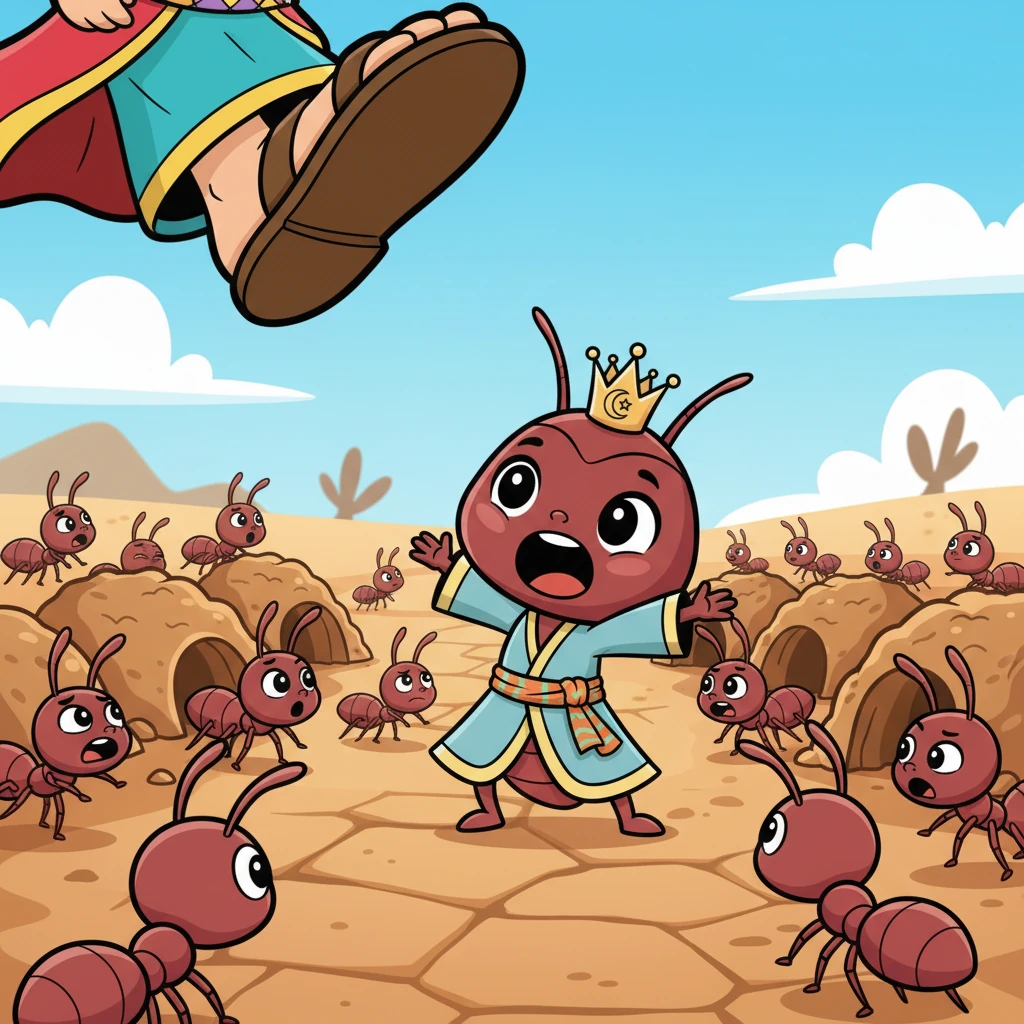 صرخت فرفورة بأعلى صوتها، رغم أن صوتها كان صغيراً جداً، قائلة: "يا أيها النمل، ادخلوا مساكنكم لا يحطمنكم سليمان وجنوده وهم لا يشعرون!". كانت تحذر الجميع بضرورة الاختباء فوراً.