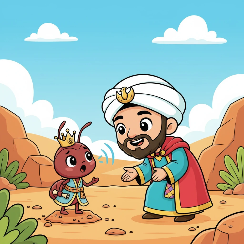 وصل صوت فرفورة الصغير إلى النبي سليمان، الذي كان يمر بالقرب منهم. لقد وهبه الله القدرة على فهم لغة الطير والحيوان، فابتسم بلطف عندما سمع تحذير النملة الصغيرة.