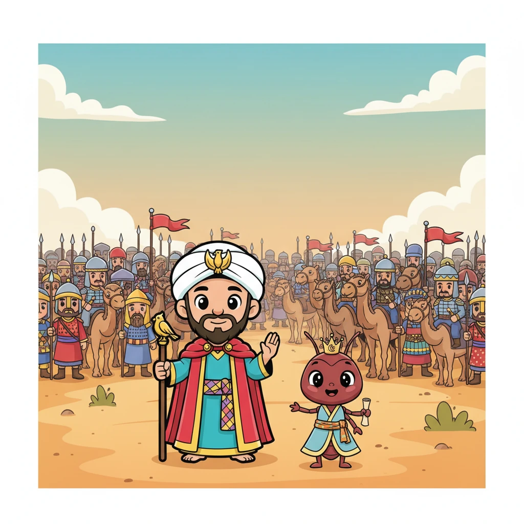 توقف النبي سليمان وجيشه العظيم بأمر منه. تخيلوا جيشاً ضخماً يتوقف من أجل نملة صغيرة! كانت هذه لحظة عظيمة تظهر رحمة النبي وحكمته التي لا مثيل لها.