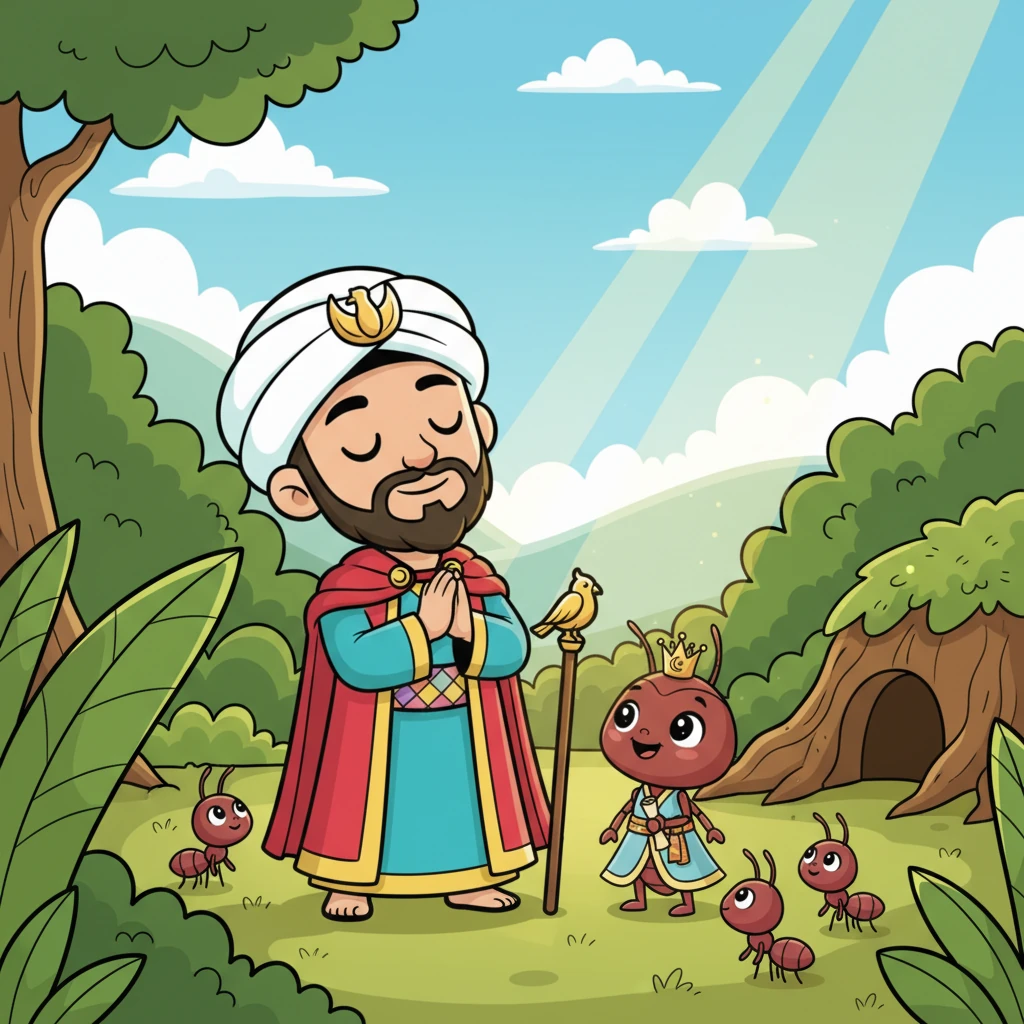 رفع النبي سليمان رأسه شاكراً لله على هذه النعمة، وعلى قدرته على فهم مخلوقاته الصغيرة. لقد شعر بالامتنان لأن الله جعله سبباً في إنقاذ هذه النملة ومستعمرتها.