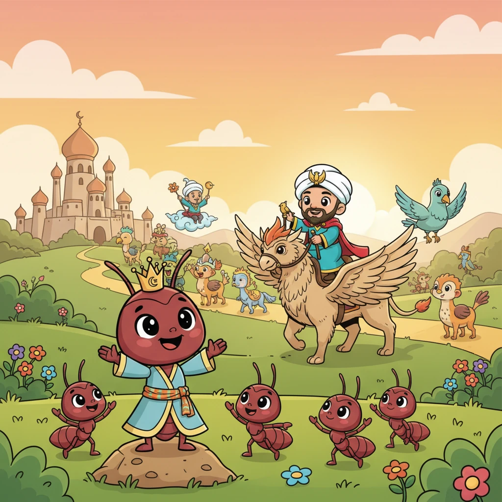 مر جيش النبي سليمان بسلام، وترك النمل آمناً في بيوته. تعلم الأطفال أن حتى أصغر المخلوقات لها صوت وقيمة، وأن الرحمة والحكمة يمكن أن تأتي من أي مكان.