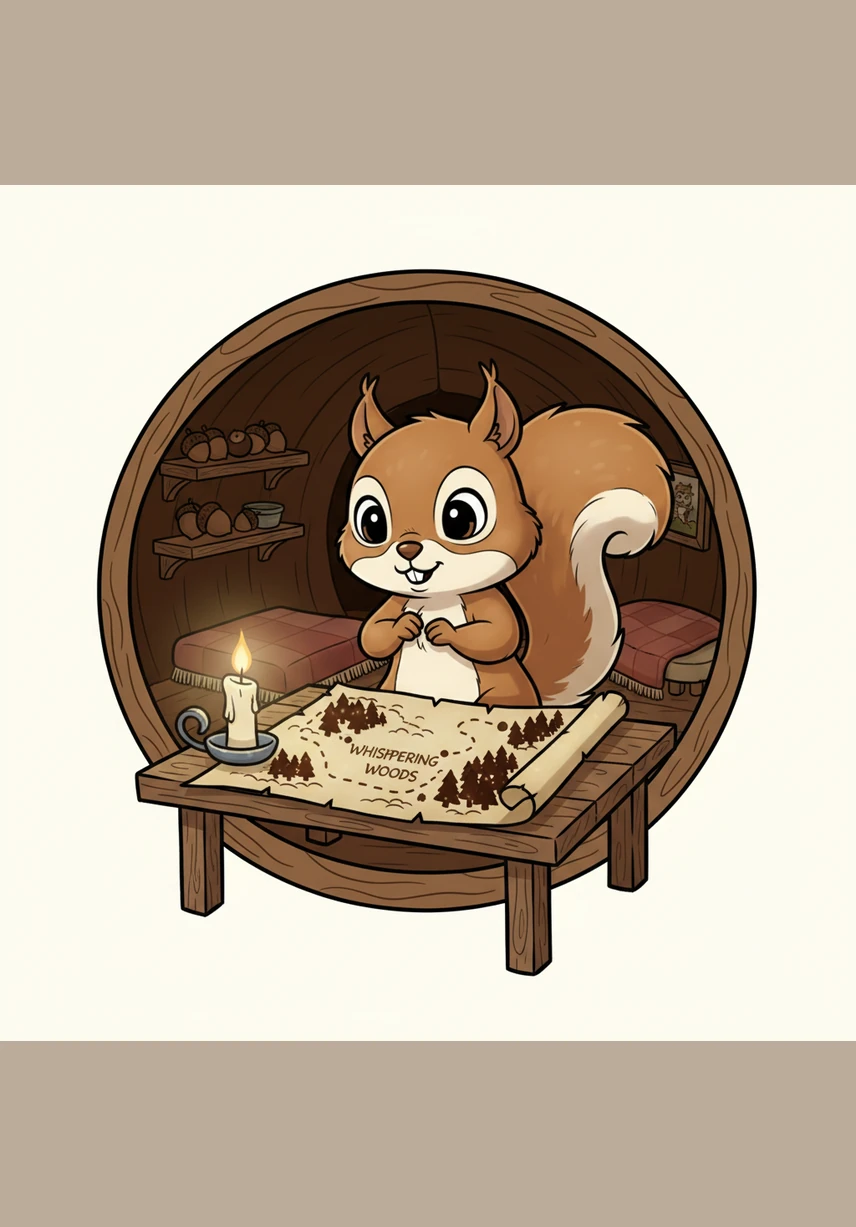 Back in his cozy tree hollow, Nutmeg spread the map across his small wooden table, his eyes wide with wonder. The ink shimmered in the soft candlelight, revealing a winding path that led deep into the uncharted parts of the Whispering Woods.