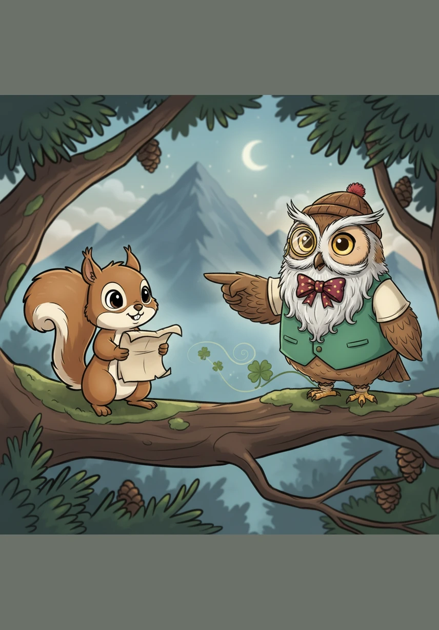 High in the branches of a cedar tree, Nutmeg met Barnaby the Owl, whose eyes were as round and golden as harvest moons. The wise owl looked at the map and pointed a feathered wing toward the Misty Mountains, advising Nutmeg to follow the scent of wild clover.